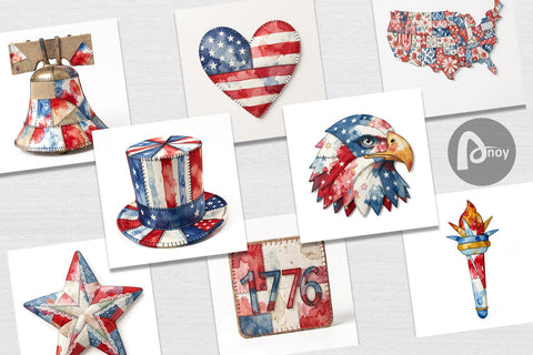 Digital Paper Patriotic Symbol Patchwork Watercolor Sublimation artnoy 