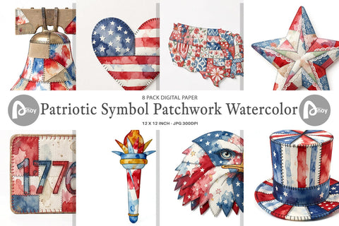 Digital Paper Patriotic Symbol Patchwork Watercolor Sublimation artnoy 