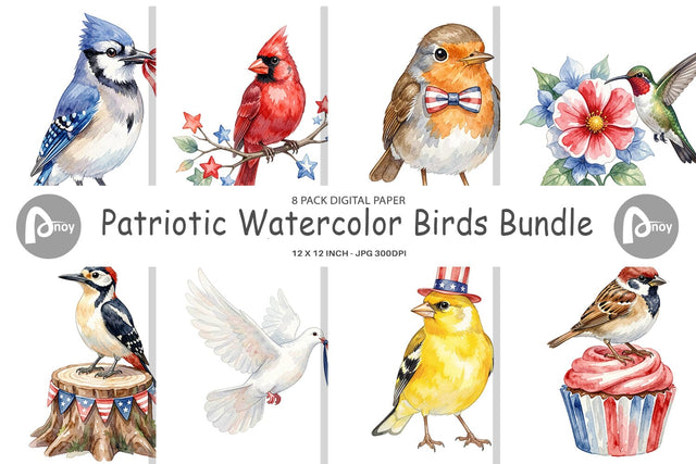 Digital Paper Patriotic Watercolor Birds Sublimation artnoy 