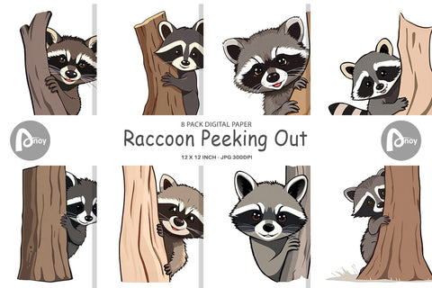 Digital Paper Peeking Raccoon Digital Pattern artnoy 