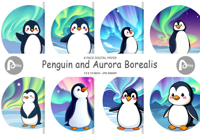 Digital Paper Penguin and Aurora Borealis Digital Pattern artnoy 