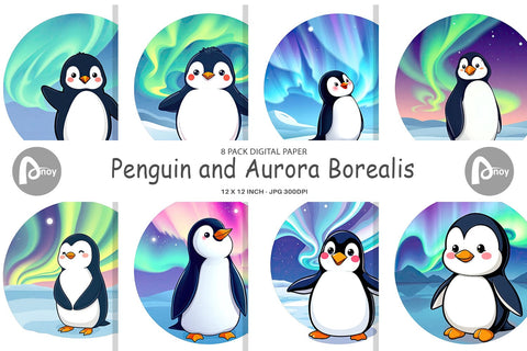 Digital Paper Penguin and Aurora Borealis Digital Pattern artnoy 
