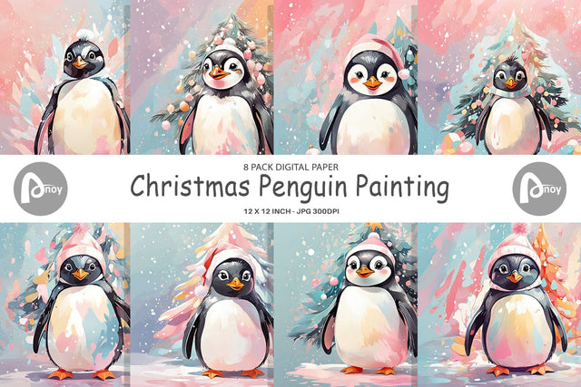 Digital Paper Penguin Christmas Painting Digital Pattern artnoy 