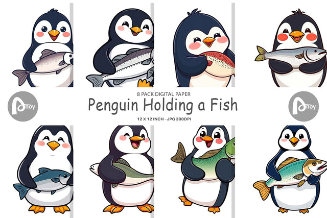 Digital Paper Penguin Holding a Fish Digital Pattern artnoy 