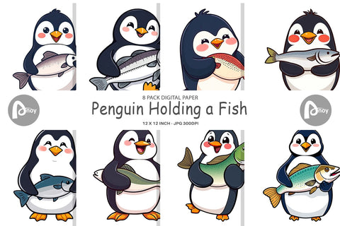 Digital Paper Penguin Holding a Fish Digital Pattern artnoy 