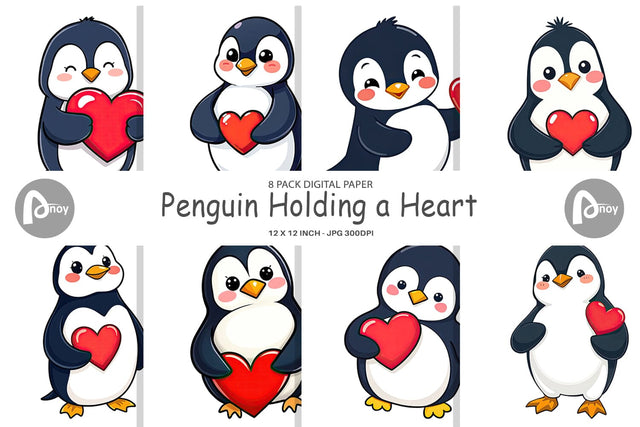 Digital Paper Penguin Holding a Heart Digital Pattern artnoy 