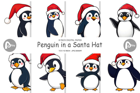 Digital Paper Penguin in a Santa Hat Digital Pattern artnoy 