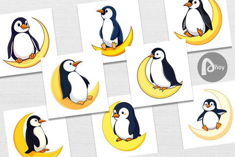 Digital Paper Penguin on a Crescent Moon Digital Pattern artnoy 