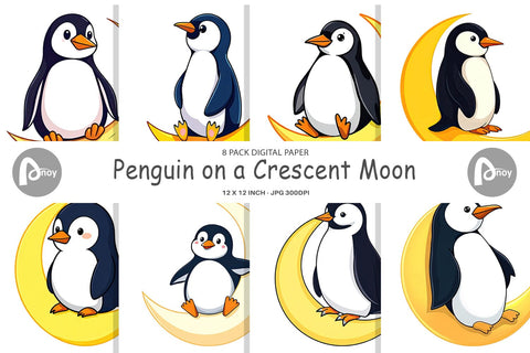 Digital Paper Penguin on a Crescent Moon Digital Pattern artnoy 