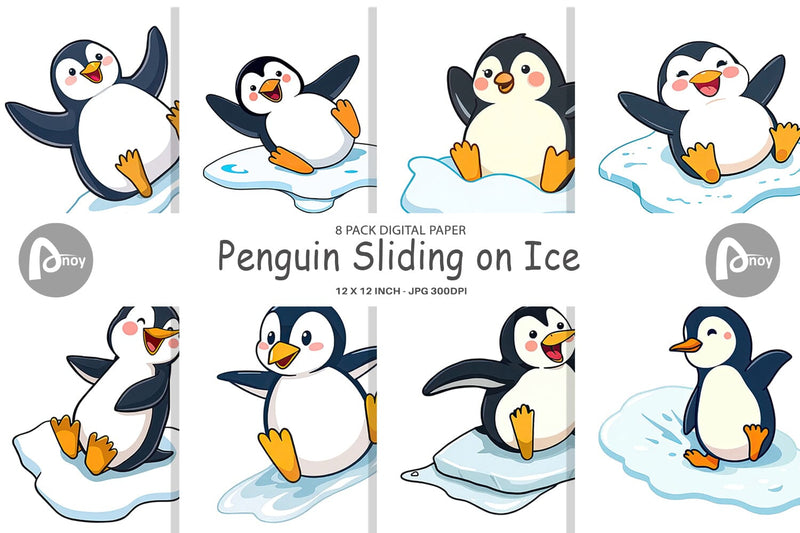 Digital Paper Penguin Sliding on Ice Digital Pattern artnoy 