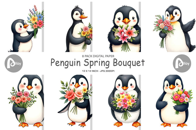Digital Paper Penguin Spring Bouquet Digital Pattern artnoy 