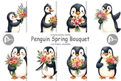 Digital Paper Penguin Spring Bouquet Digital Pattern artnoy 