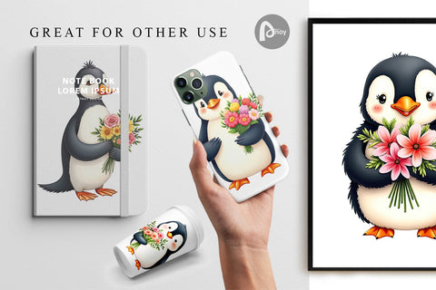 Digital Paper Penguin Spring Bouquet Digital Pattern artnoy 