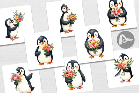 Digital Paper Penguin Spring Bouquet Digital Pattern artnoy 