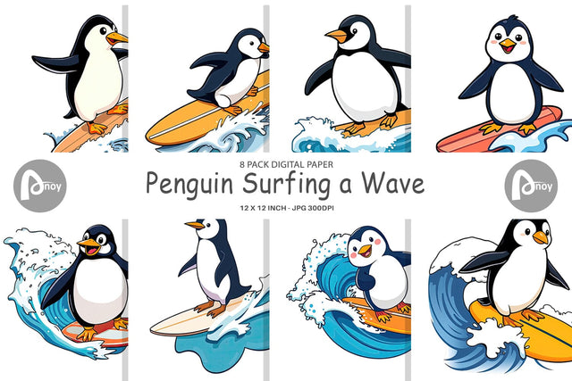 Digital Paper Penguin Surfing a Wave Digital Pattern artnoy 