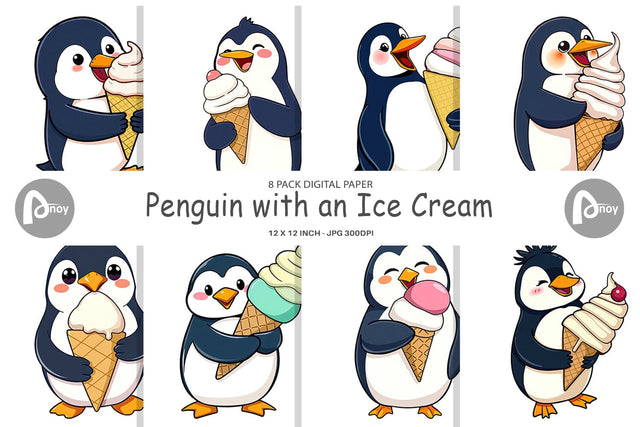 Digital Paper Penguin with an Ice Cream Digital Pattern artnoy 
