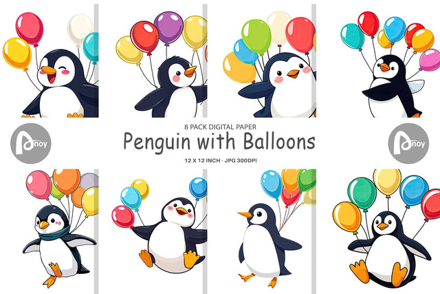 Digital Paper Penguin with Balloons Digital Pattern artnoy 