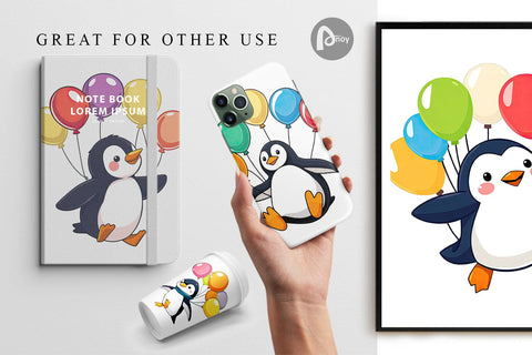 Digital Paper Penguin with Balloons Digital Pattern artnoy 