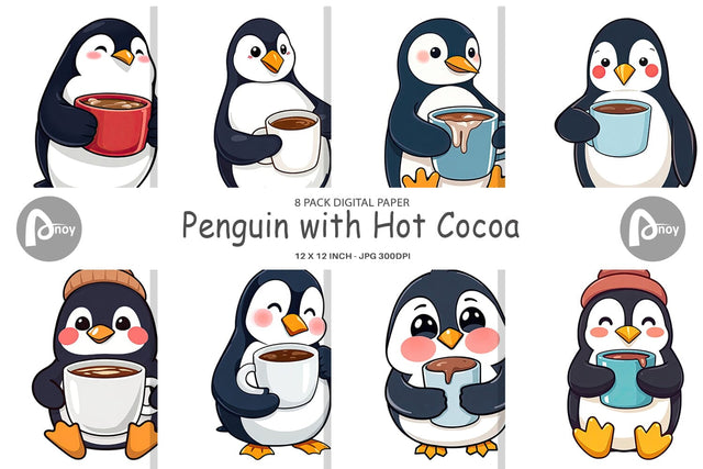 Digital Paper Penguin with Hot Cocoa Digital Pattern artnoy 