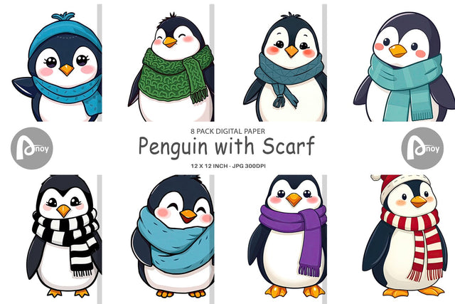 Digital Paper Penguin with Scarf Digital Pattern artnoy 