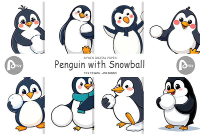 Digital Paper Penguin with Snowball Digital Pattern artnoy 