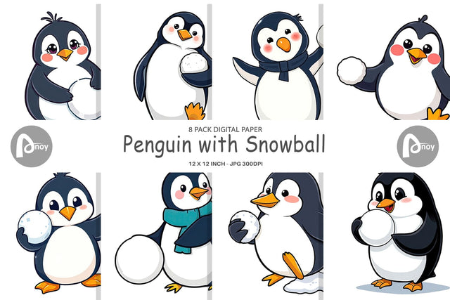 Digital Paper Penguin with Snowball Digital Pattern artnoy 