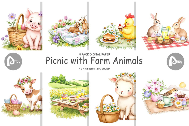 Digital Paper Picnic with Farm Animal Digital Pattern artnoy 