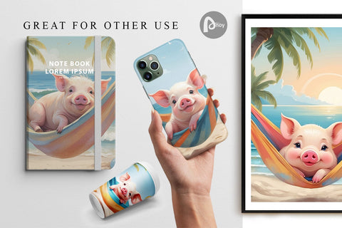 Digital Paper Pig in Summer Hammock Sublimation artnoy 
