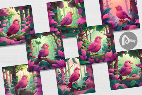 Digital Paper Pink Bird in the Forest Digital Pattern artnoy 