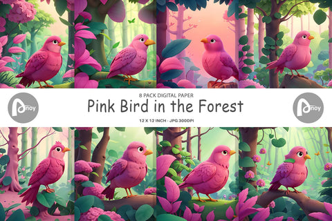 Digital Paper Pink Bird in the Forest Digital Pattern artnoy 