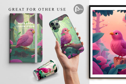 Digital Paper Pink Bird in the Forest Digital Pattern artnoy 
