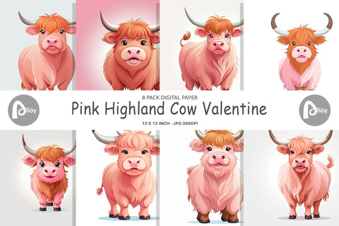 Digital Paper Pink Highland Cow Valentine Digital Pattern artnoy 