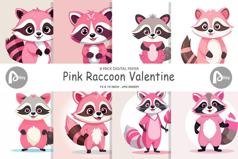 Digital Paper Pink Raccoon Valentine Digital Pattern artnoy 