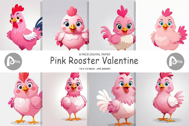 Digital Paper Pink Rooster Valentine Digital Pattern artnoy 