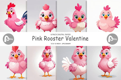 Digital Paper Pink Rooster Valentine Digital Pattern artnoy 