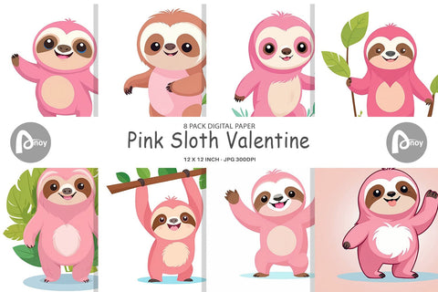 Digital Paper Pink Sloth Valentine Digital Pattern artnoy 