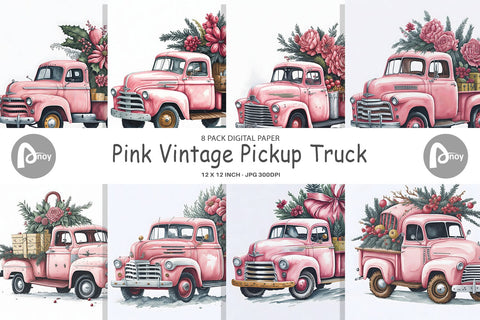Digital Paper Pink Vintage Pickup Truck Digital Pattern artnoy 