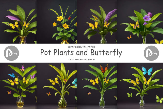 Digital Paper Pot Plants and Butterfly Sublimation artnoy 