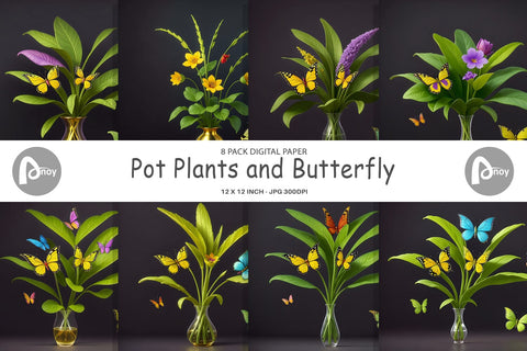 Digital Paper Pot Plants and Butterfly Sublimation artnoy 