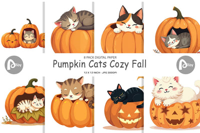 Digital Paper Pumpkin Cats Fall Digital Pattern artnoy 