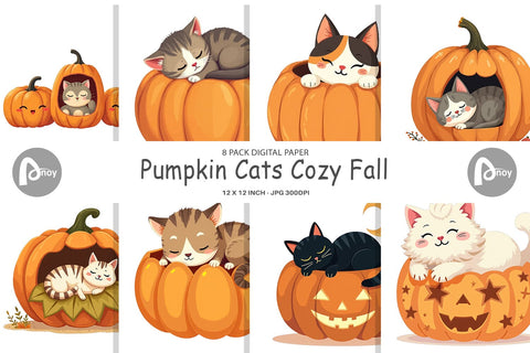 Digital Paper Pumpkin Cats Fall Digital Pattern artnoy 