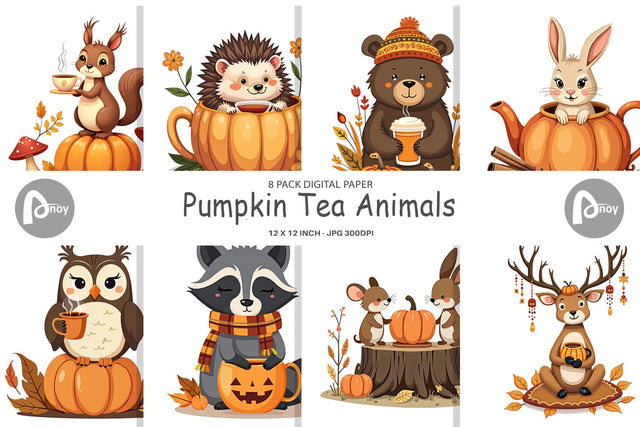 Digital Paper Pumpkin Tea Animals Digital Pattern artnoy 