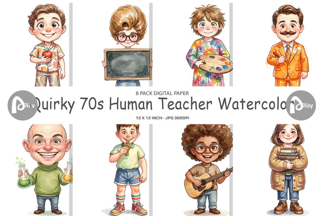 Digital Paper Quirky 70s Human Teacher Watercolor Digital Pattern artnoy 