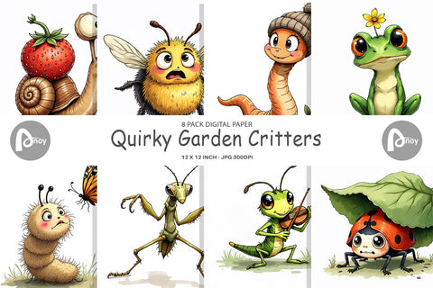 Digital Paper Quirky Garden Critters Inked Watercolor Illustrations Digital Pattern artnoy 