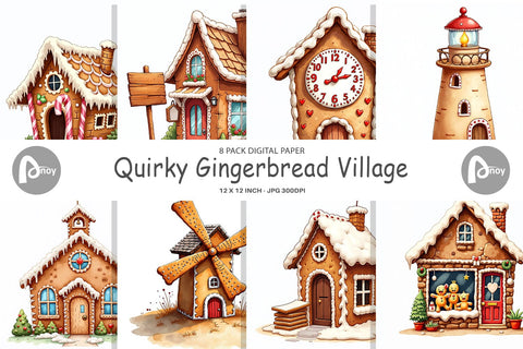 Digital Paper Quirky Gingerbread Village Watercolor Digital Pattern artnoy 