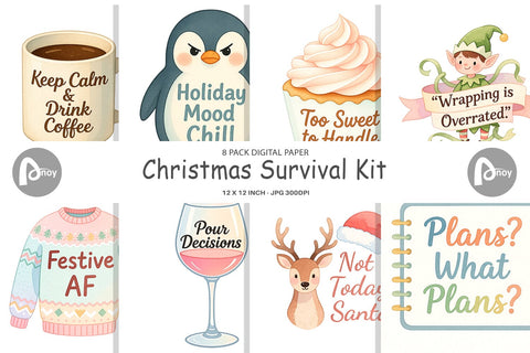 Digital Paper Quotes Watercolor Christmas Survival Kit Digital Pattern artnoy 