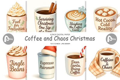 Digital Paper Quotes Watercolor Coffee and Chaos Christmas Digital Pattern artnoy 