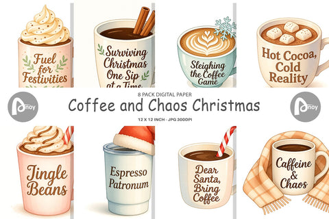 Digital Paper Quotes Watercolor Coffee and Chaos Christmas Digital Pattern artnoy 