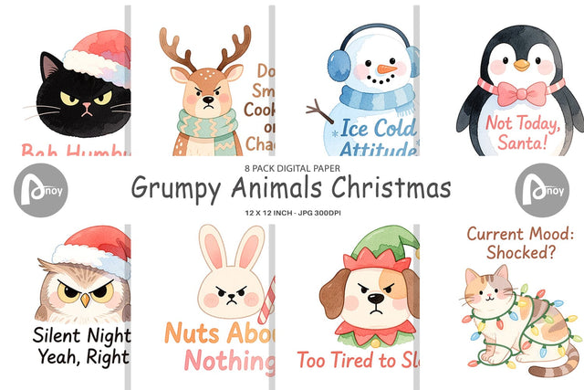 Digital Paper Quotes Watercolor Grumpy Animals Christmas Digital Pattern artnoy 