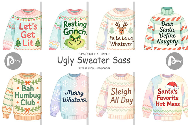 Digital Paper Quotes Watercolor Ugly Sweater Sass Digital Pattern artnoy 